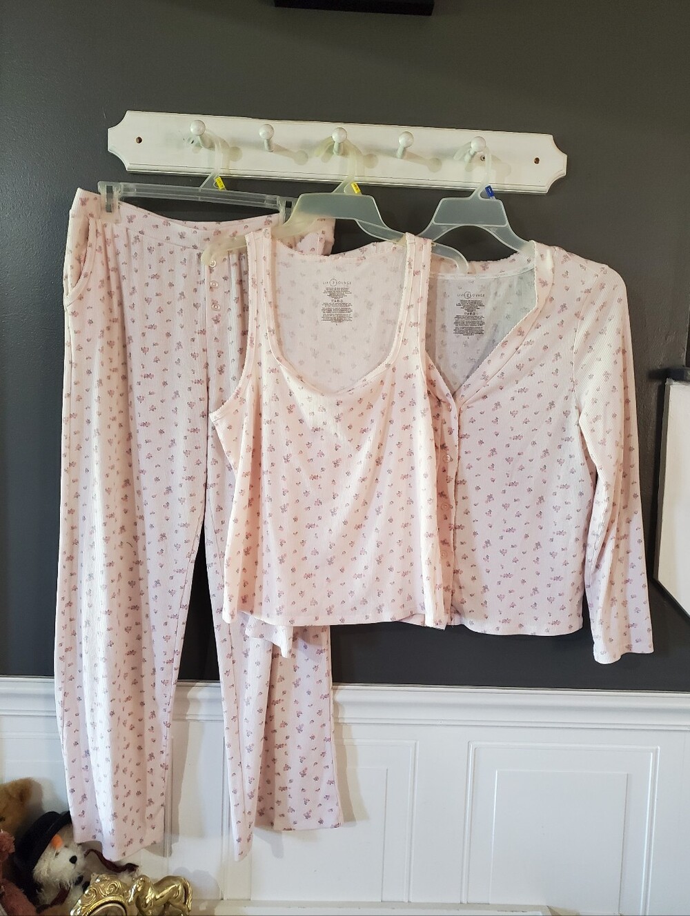 LIVE 2 LOUNGE Ribbed Floral Tank Cardigan Flare Pants Pajama Set L